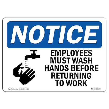 OSHA Notice Sign, NOTICE Employees Must Wash Hands Before Work, 24in X 18in Aluminum
